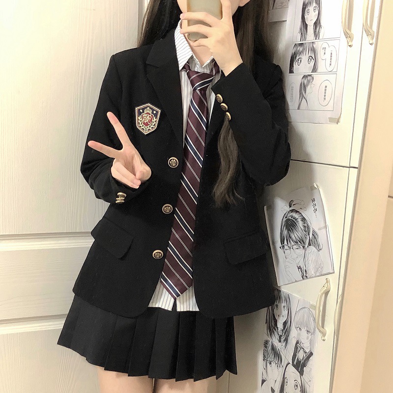 jk制服黑色西装外套女大学生学院风校供感绀色三粒扣西服上衣