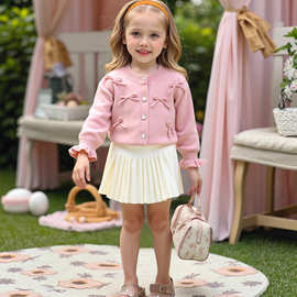 跨境亚马逊童装儿童外套蝴蝶结毛衣开衫女童针织衫百褶裙毛衣套装