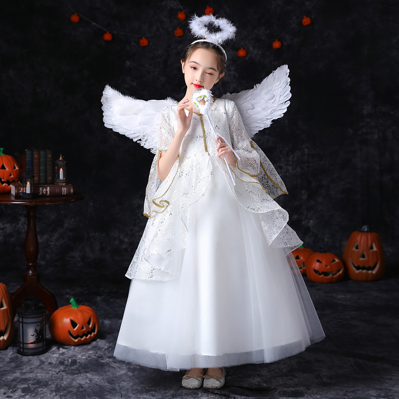 万圣节儿童礼服女童cos白色小天使演出服幼儿园化妆舞会角色扮演