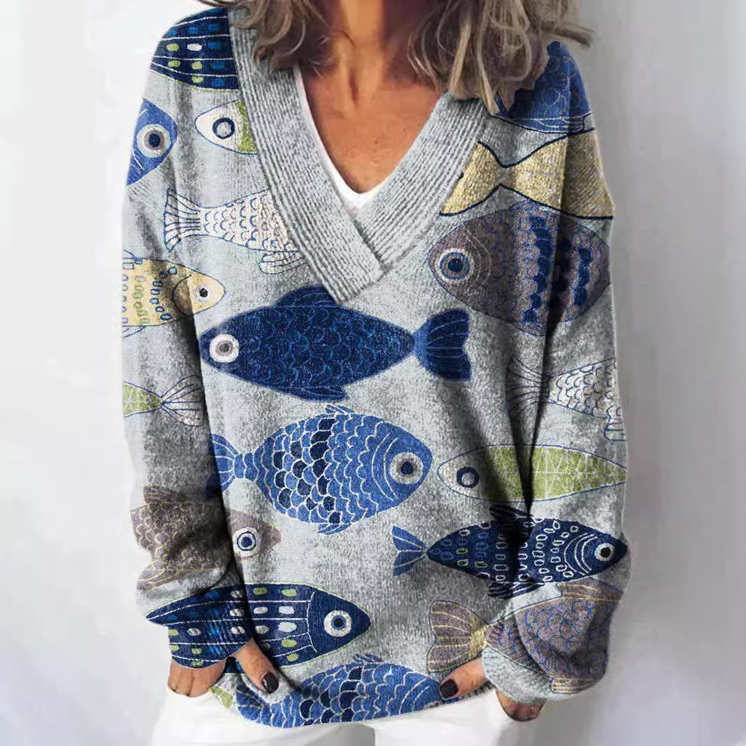 外贸跨境2024亚马逊外贸新款圣诞节抽象印花休闲披风套头毛衣