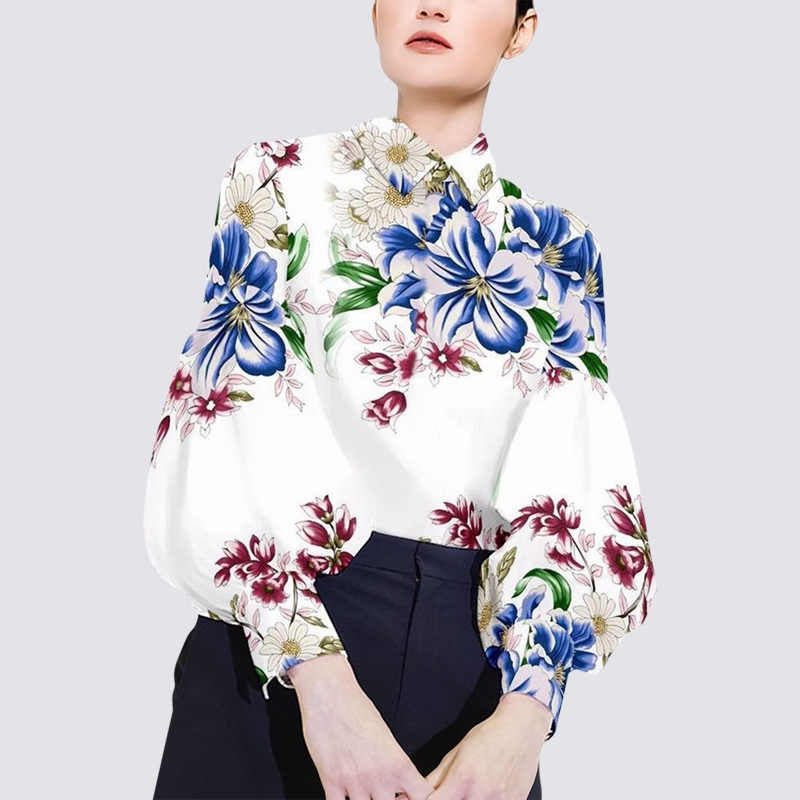 魅斑polo领灯笼长袖花衬衫2021年秋季新款法式优雅气质印花上衣女