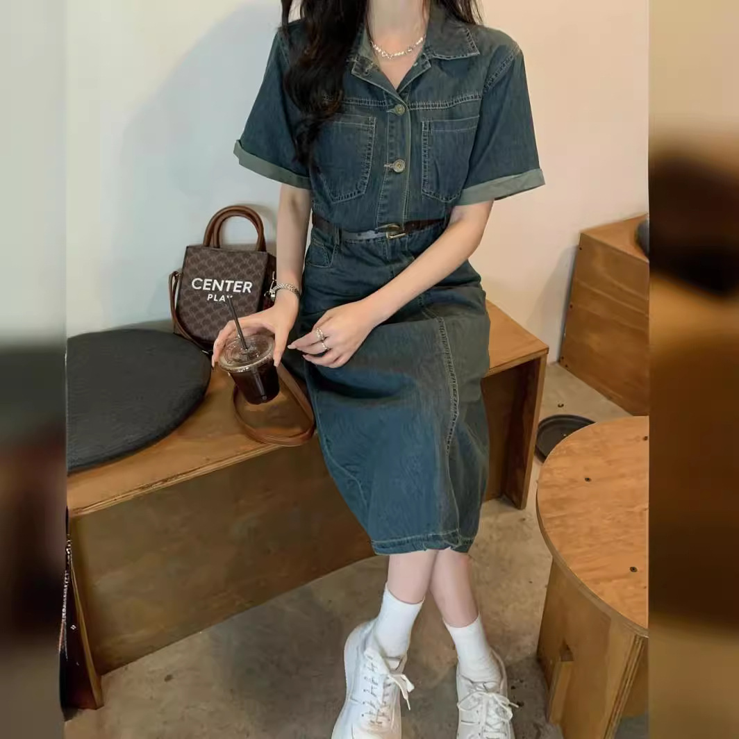 牛仔连衣裙女装夏季小众设计高级感气质女神范港味复古chic长裙子