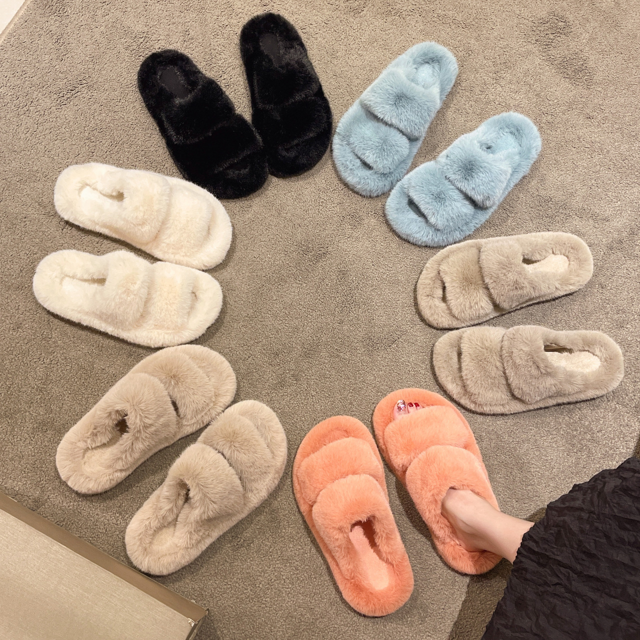 外贸大码毛毛拖鞋女外穿秋冬新款时尚家居休闲内里舒适厚底棉拖鞋