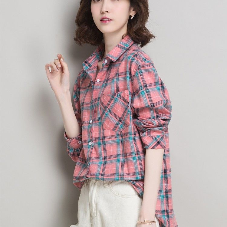 花格子衬衫设计感小众复古港味春秋长袖上衣气质外穿百搭女士衬衣