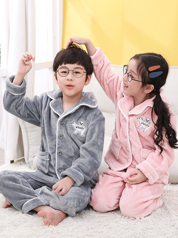 法兰绒儿童睡衣秋冬季加厚款男童女童珊瑚绒套装中大童开衫家居服