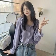 紫色V领木耳花边系带衬衫女装潮韩国2024春季褶皱肌理设计感衬衣