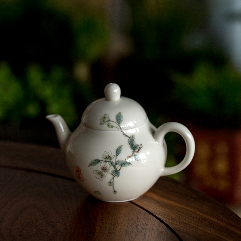 仿古胎手绘牡丹茶壶陶瓷功夫茶具小梨壶复古釉上彩单壶手执壶预售
