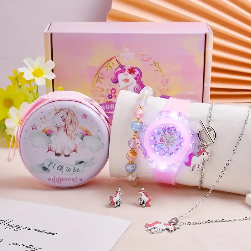 New Fashion Cartoon Unicorn Pattern Silicone Watch Bracelet Set for Girls