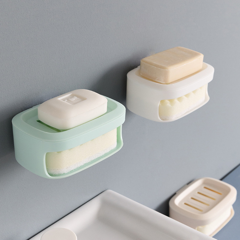 Simple Pure Color Thickened Soap Dish Drain with Sponge Dual-Purpose Bathroom Soap Holder Punch Free Paste Wall-Mounted