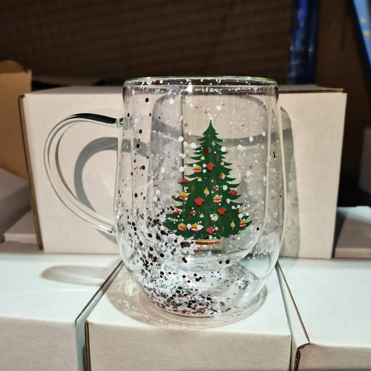 New Christmas Cup Heat-Resistant Double Layer Glass Cup Flowing Sequins Christmas Cup Cute Cartoon Snowflake Christmas Tree Milk