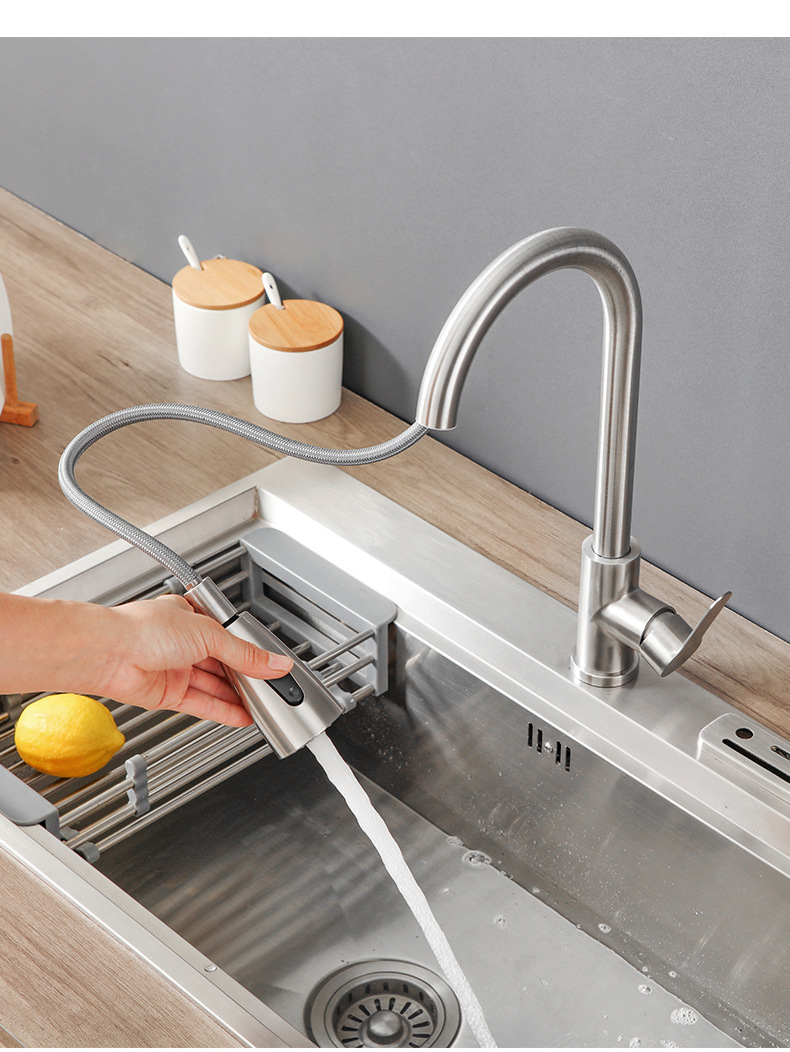 Pull Faucet Kitchen Hot and Cold Stainless Steel Sink Sink Double Water Outlet Retractable Rotatable Faucet Wholesale Water Tap