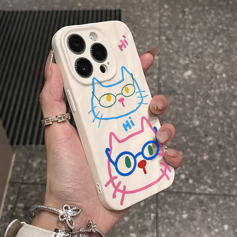 彩色线条猫咪折皱壳适用于苹果14promax15 13 12 防摔iPhone16壳