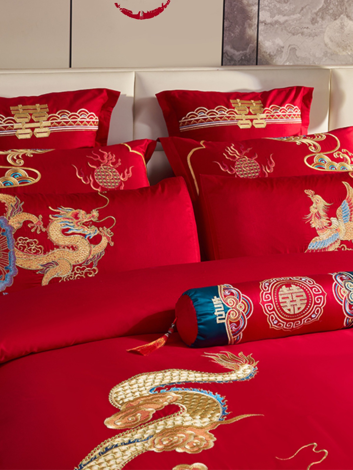 120s支婚庆四件套大红龙凤龙凤刺绣新婚喜被棉结婚床批发