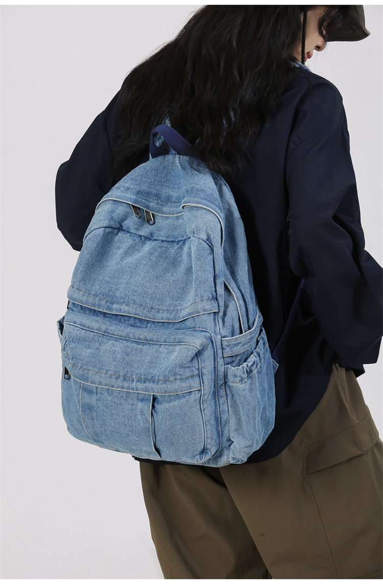 水洗牛仔帆布书包女2024新款经典时尚双肩包大容量大学生上课背包