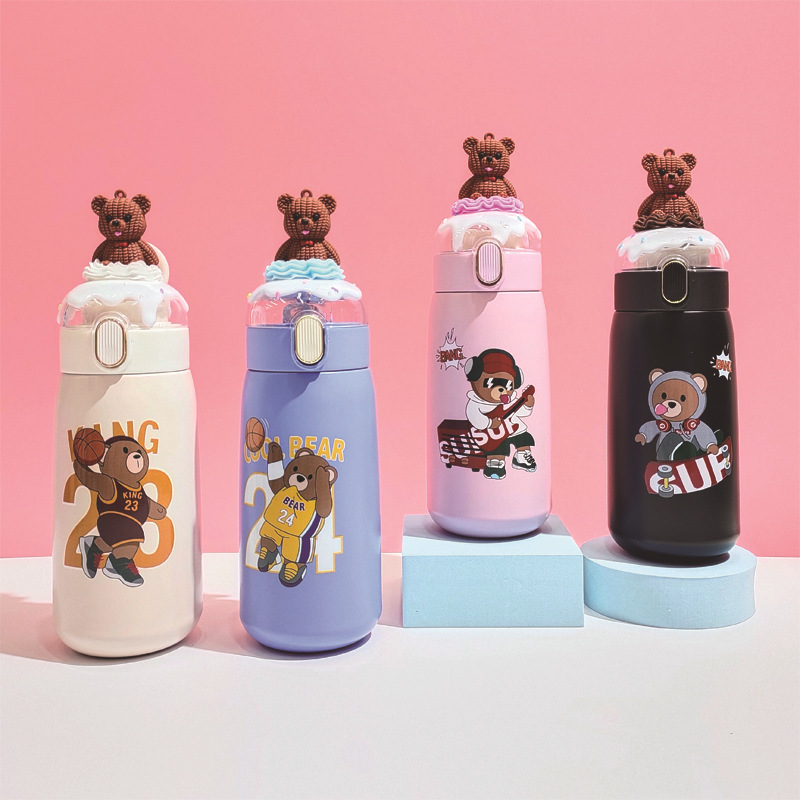 Factory Direct Sales Cross-Border 316 Stainless Steel Vacuum Cup Straw Handle Cover Cartoon Uv Print Brown Bear Big Belly Cup