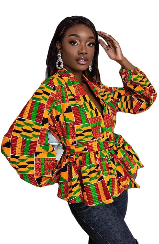 南非洲风情数码印花开衫绑带女士灯笼袖v领外套长袖上