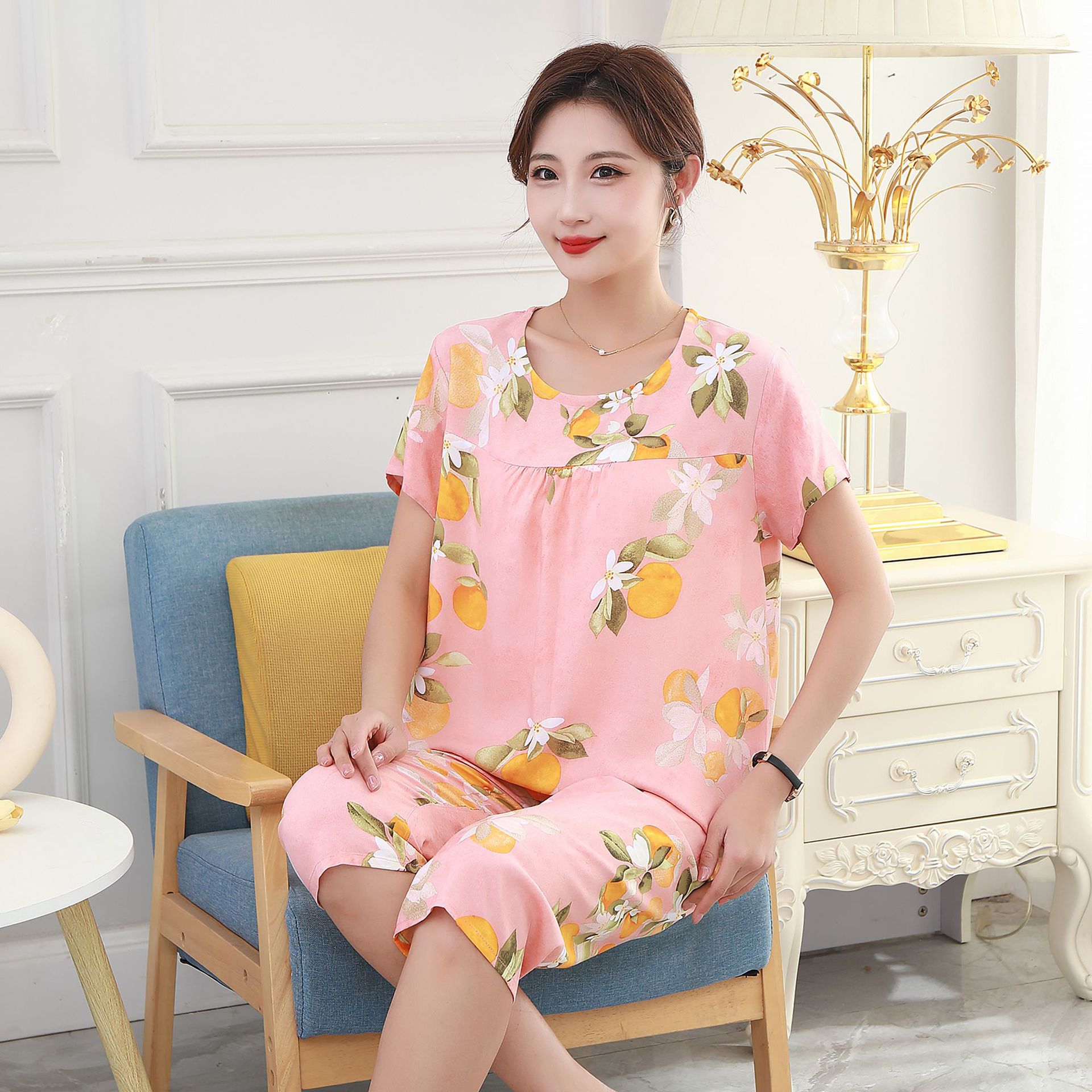 Summer Mom Pajamas Suit Middle-Aged and Elderly Women's Short-Sleeved Cotton Silk Two-Piece Cotton Artificial Cotton Can Be Outerwear Homewear