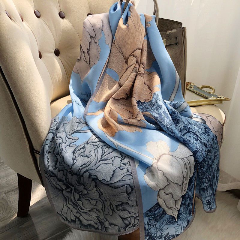 summer famous high-end mulberry silk scarf women‘s printed lengthened shawl outer match imitated silk scarves beach towel sun protection