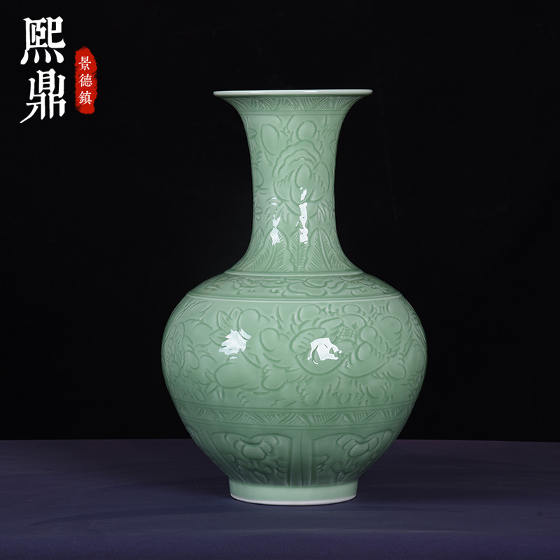 景德镇陶瓷花瓶青柚手工浮雕牡丹荷花现代中式简约家居陶瓷装饰品