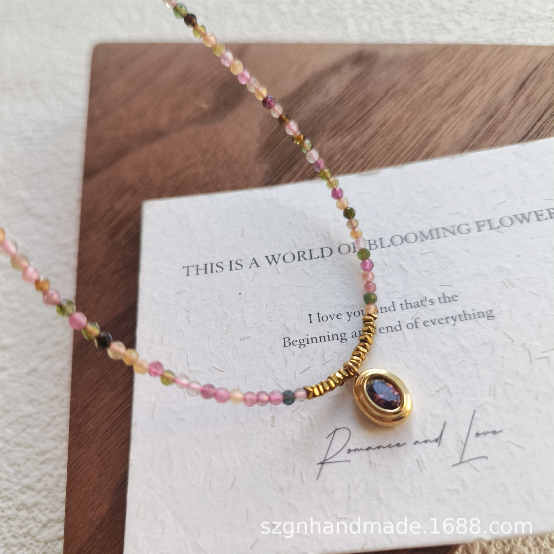 小众设计天然糖果色彩虹碧玺做旧碎银子红宝石项链吊坠锁骨链女