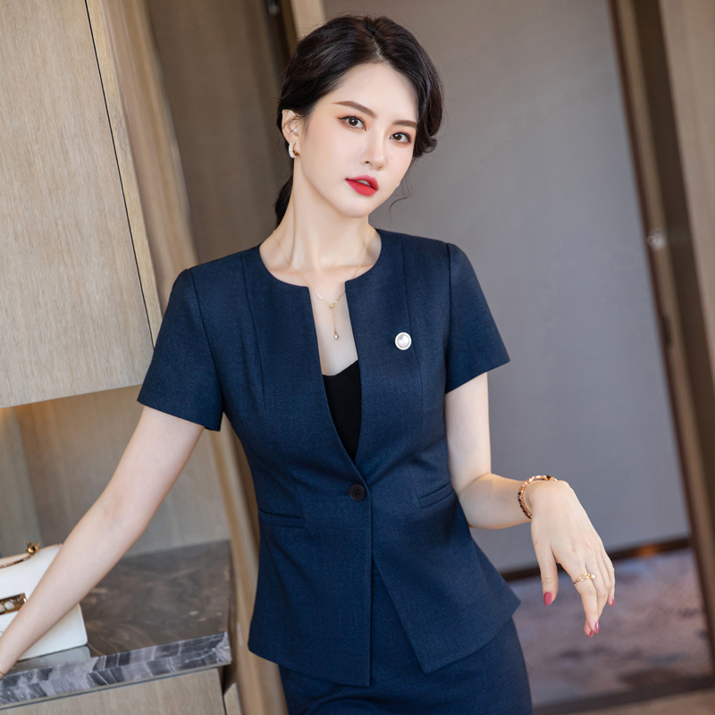 2022年新款时尚气质珠宝金店导购销售短袖圆领小众职业装女套装潮