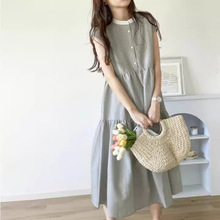 韩国夏季圆领小排扣条纹无袖连衣裙甜美韩版