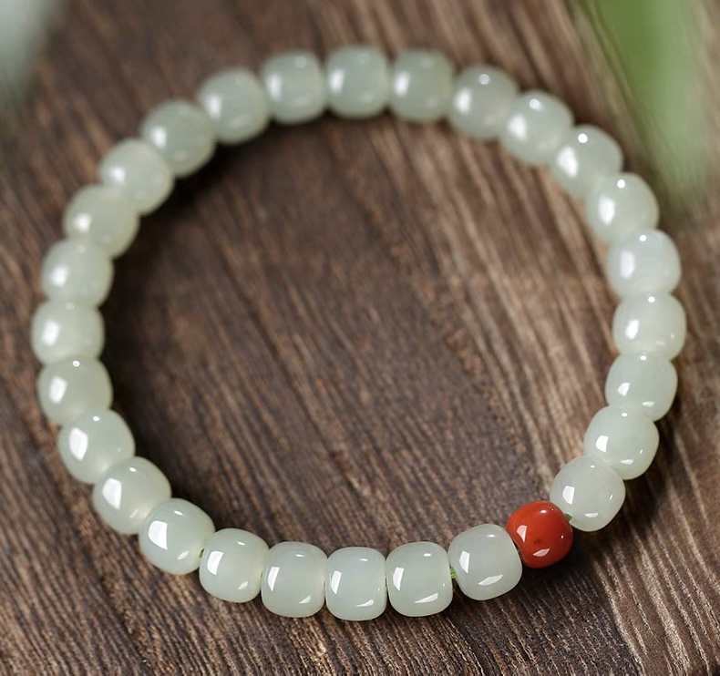 本命年冰晴水和田玉石手链女青玉手串老型珠桶珠手饰品直播送礼批