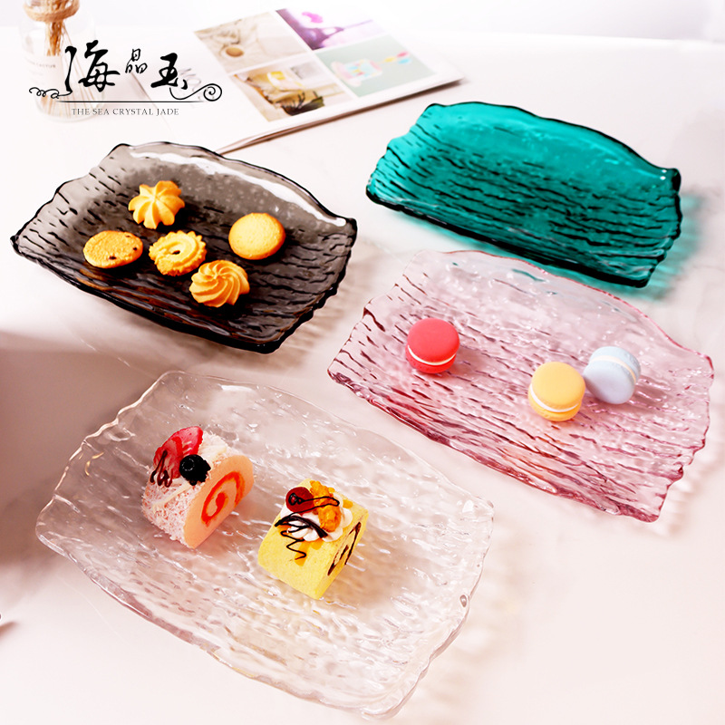 日式树皮纹玻璃盘子创意家用ins水果盘彩色水晶甜品盘冰川纹餐盘