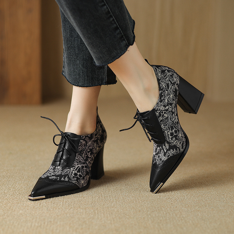 性感高跟鞋春秋季新款鞋子尖头粗跟拼接正装宴会乐福鞋裸靴单鞋女