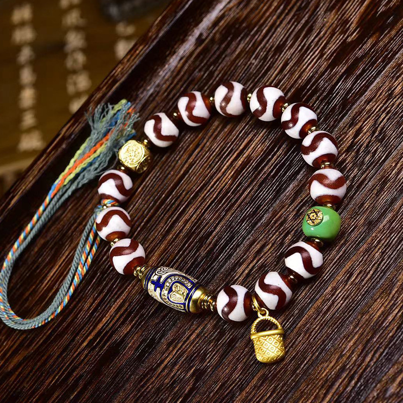 天然虎牙天珠文玩手串单圈松石镶嵌珠铜宝瓶配饰男女藏式复古手链