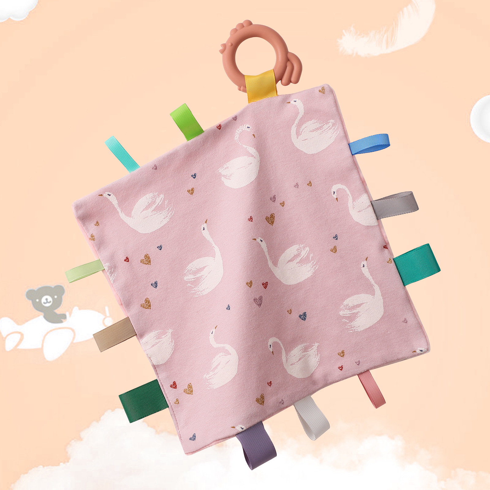 可咬婴儿豆豆标签安抚巾全棉宝宝豆豆手帕牙胶磨牙棒哄睡玩偶跨境