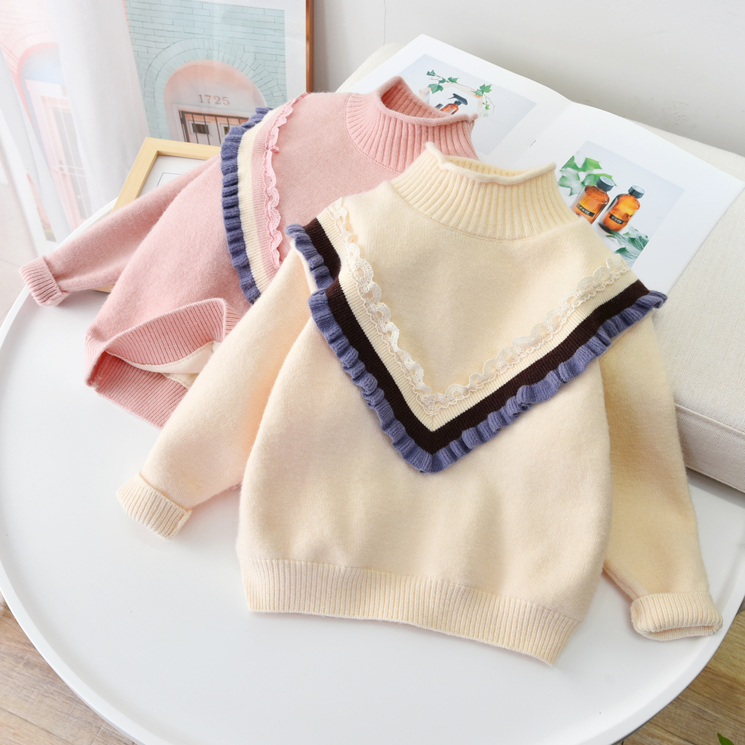 女童高领花边儿童毛衣秋冬中大童女孩加厚保暖洋气针织衫断码清仓