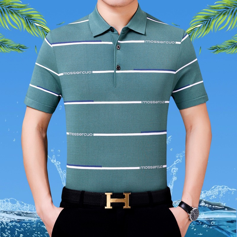 品牌男装夏季新款薄款桑蚕丝短袖t恤百搭中年男士休闲条纹体恤衫