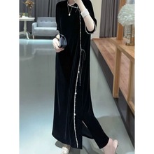 新中式黑色真丝丝绒连衣裙女秋季新款大码复古高级感气质漂亮裙子