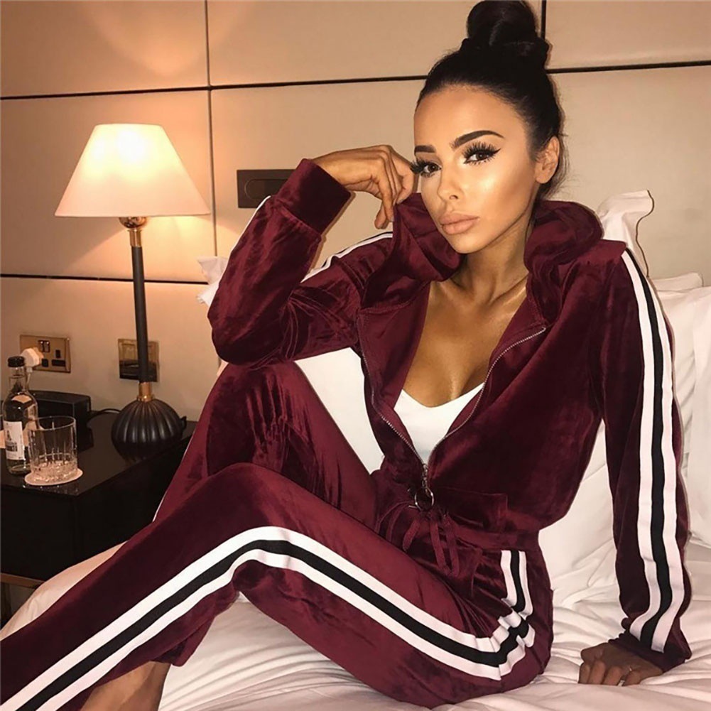 Foreign Trade New Striped Pleuche Zipper Sweater Trousers Suit Autumn and Winter Women's Striped Fitness Running Sports Suit