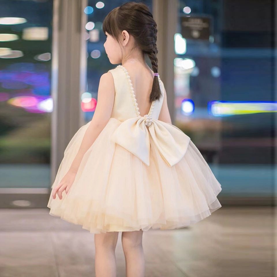 欧美女宝宝生日露背礼服女童连衣裙花童舞蹈演出服蓬松网纱公主裙