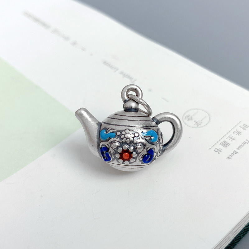 999 sterling silver teapot necklace clavicle men and women retro handle hu kettle pendant burning blue craft personalized accessories