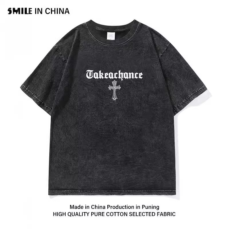 水洗做旧重磅纯棉t恤美式高街潮牌hkgn十字架印花跨境新款复古