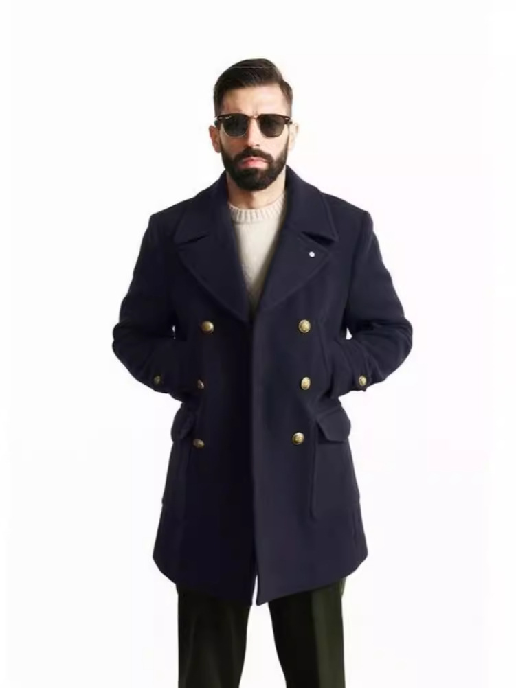 2023欧美跨境新款男装英伦男士中长款长袖呢大衣秋冬呢料外套