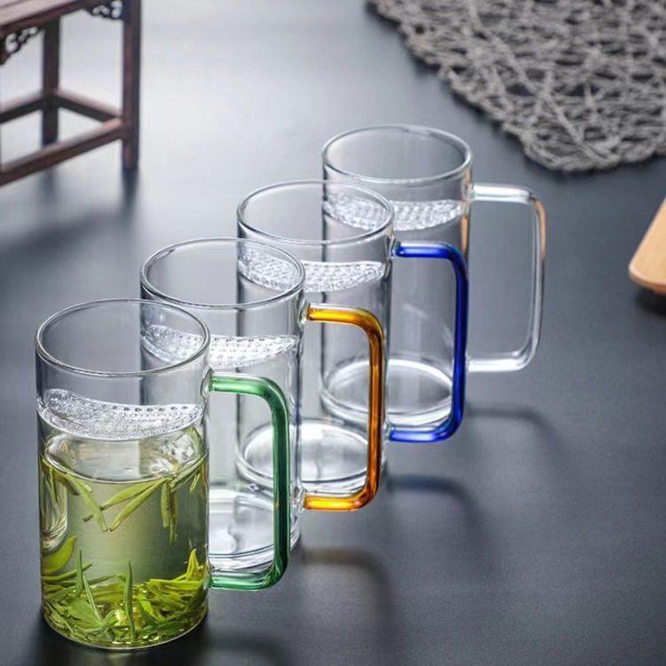 高硼硅玻璃月牙杯办公室茶水分离彩把绿茶杯家用耐热透明玻璃杯