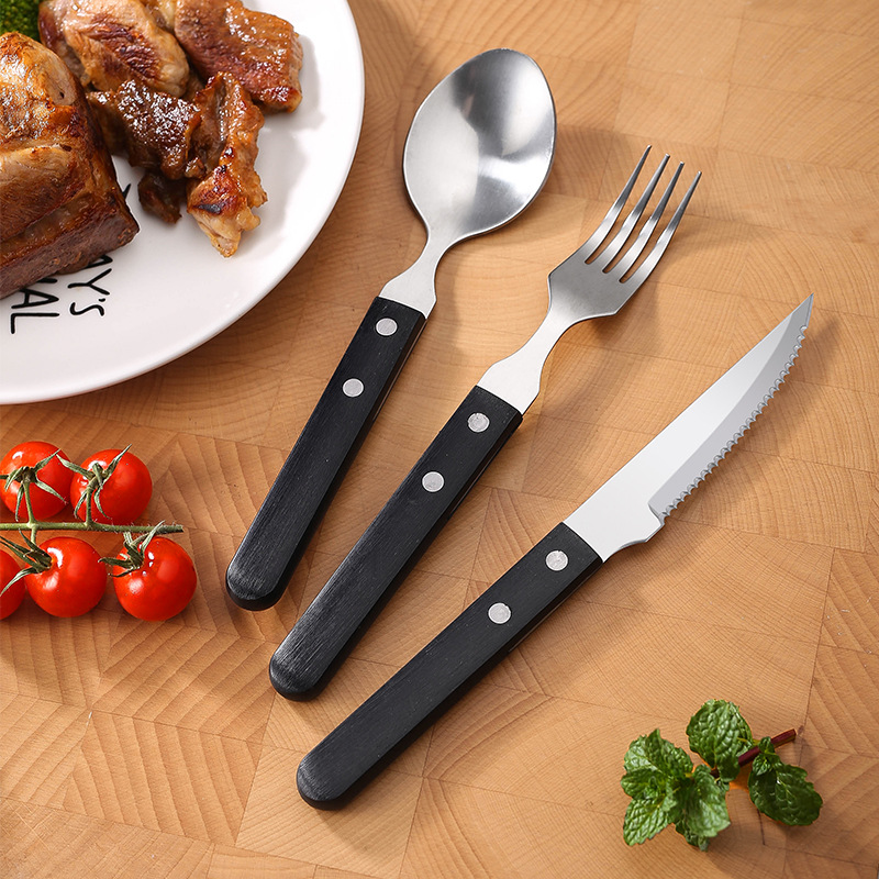 cross-border spot western food knife， fork and spoon stainless steel steak knife pom handle steak knife and fork western tableware combination set