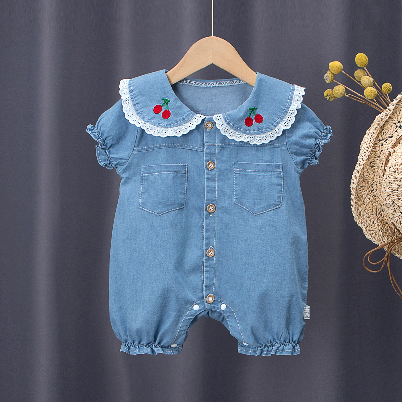 婴儿连体衣短袖牛仔女宝宝衣服婴幼儿服饰夏装夏季哈衣爬服薄款