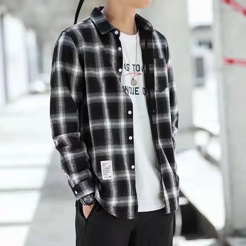 格子衬衫男士长袖韩版宽松潮流帅气大码学生外套春秋新款男装衬衣