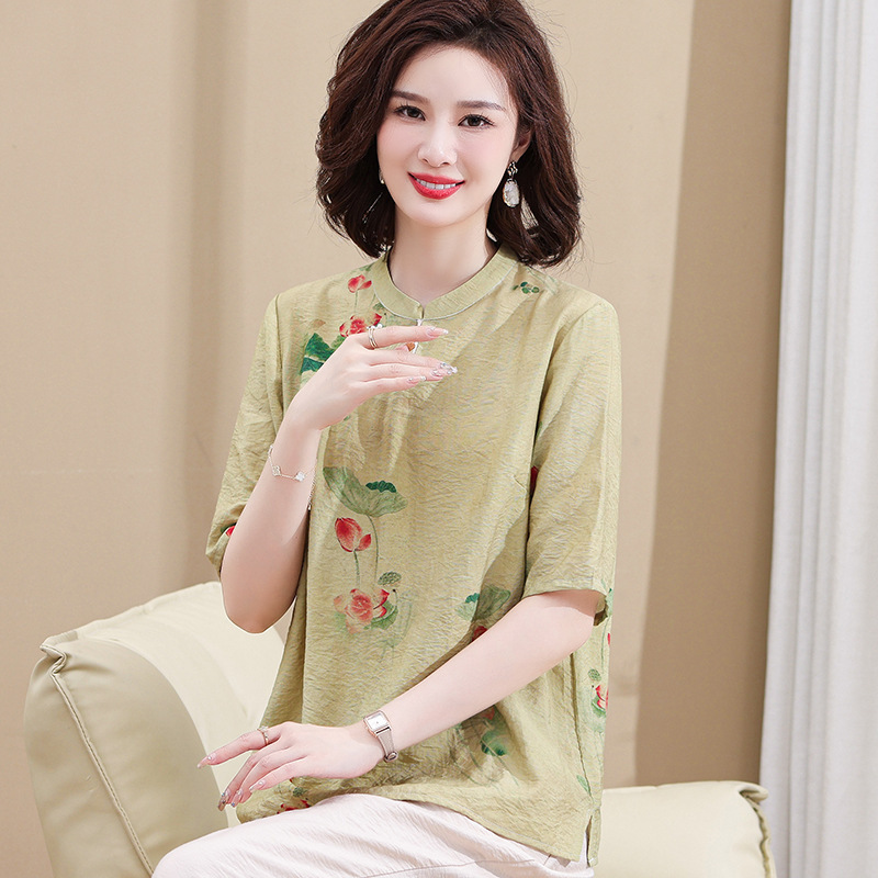 短袖棉麻女装妈妈时尚衣服气质温柔夏装套装t恤宽松装新款中老年