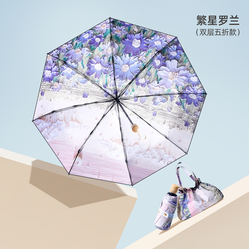 Mini Double-Layer Printed Wooden Handle Portable Folding Sun Protection Uv Protection Sun Rain Black Rubber Umbrella Custom Logo