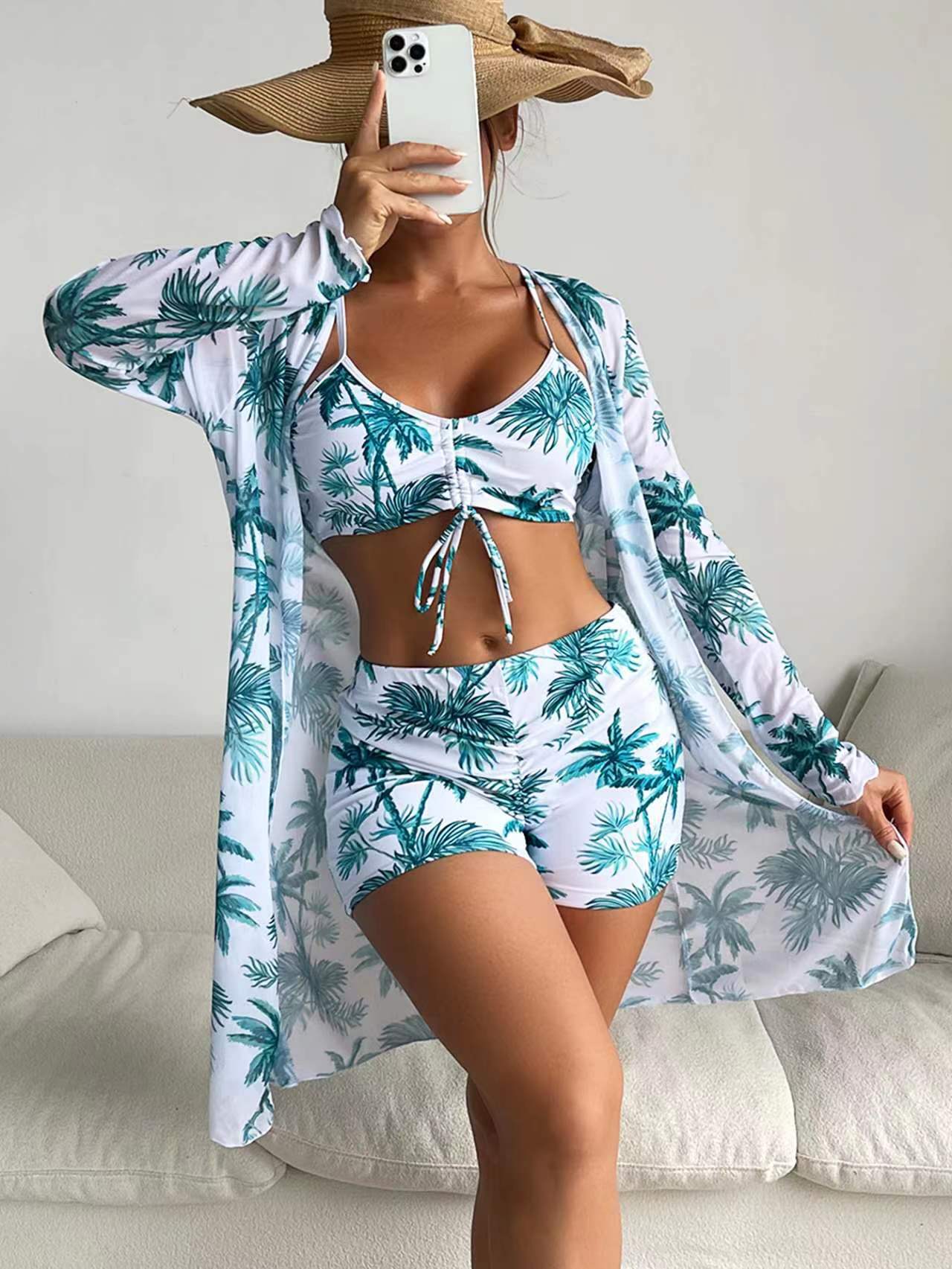 Mingyi New Multi-Color European and American Mesh Outerwear Fashion Sexy Amazon Leg Pants Three-Piece Women's Swimsuit