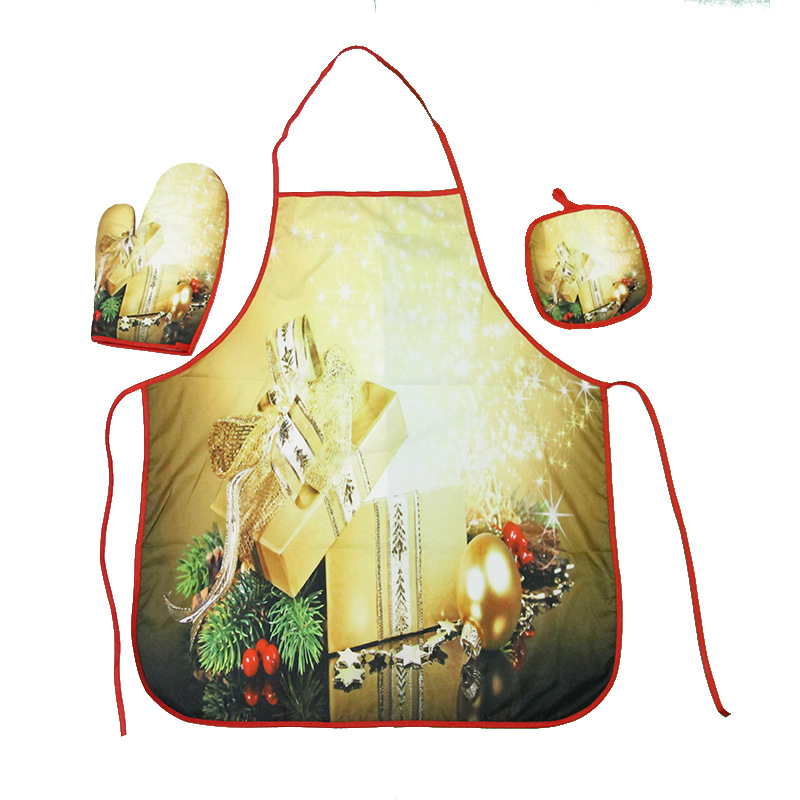 Cross-Border Christmas Gift Creative Christmas Home Fabric Apron Heat Insulation Gloves Heat Proof Mat Three-Piece Cartoon Potholder