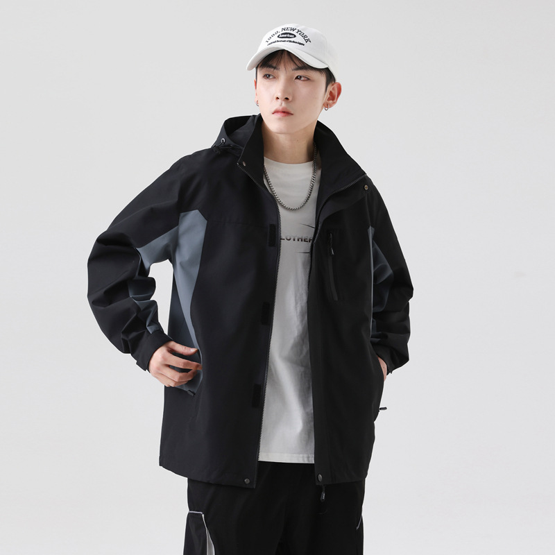 秋冬季新款男士韩版连帽拼色休闲运动夹克外套潮情侣加大码冲锋衣