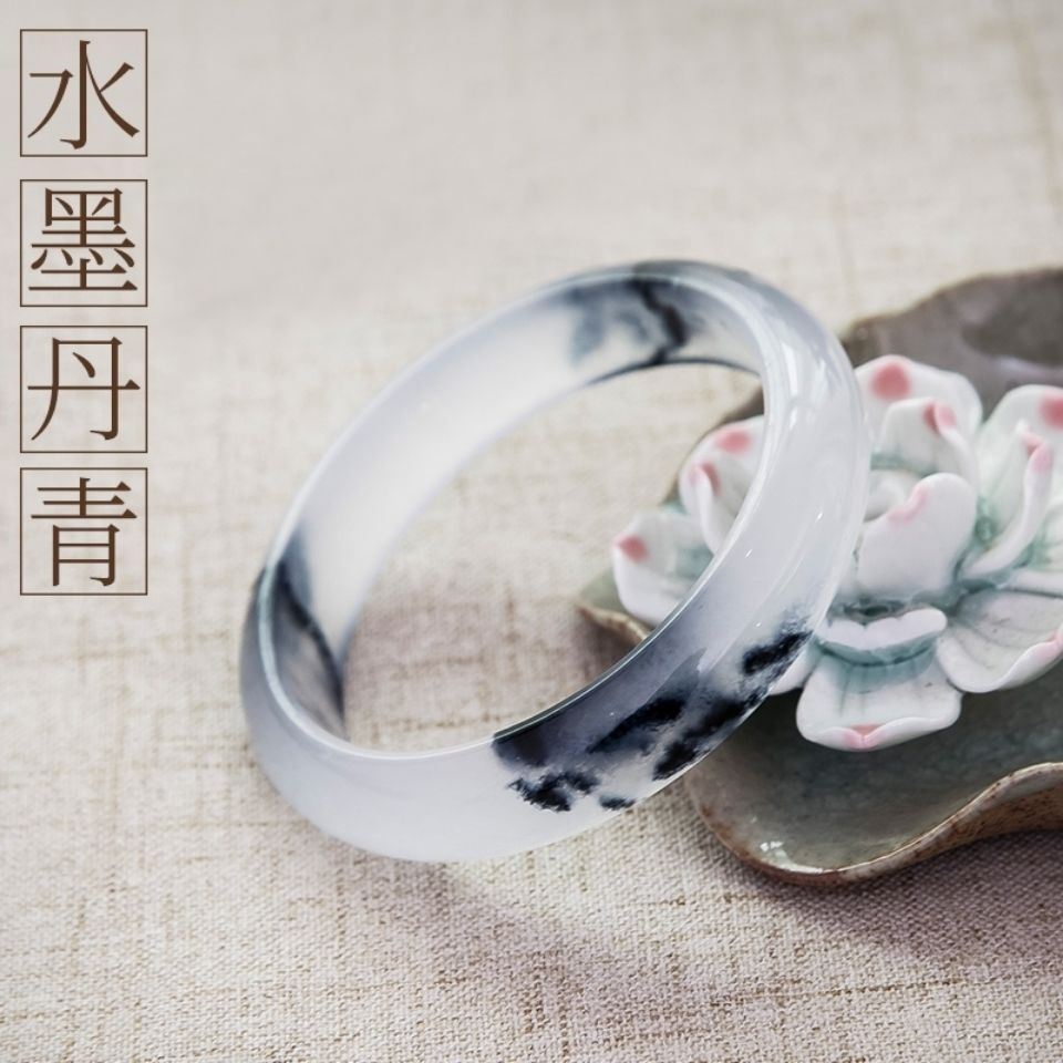 和田羊脂白翡翠玛瑙碧玉手镯水墨丹青飘花玉镯子荔枝冻女古风汉服