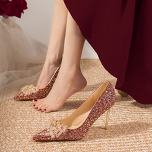 婚鞋秀禾主婚纱两穿新娘鞋新款法式酒红色水晶高跟鞋不累脚感